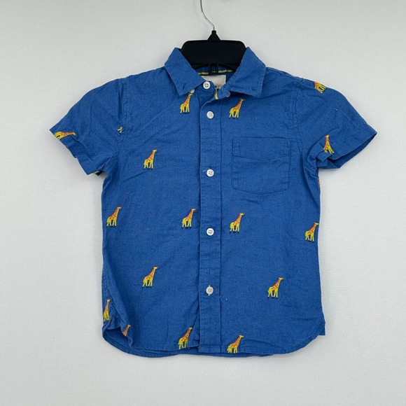 Mini Boden Giraffe Button Up Shirt‎ Kids 5-6Y Blue Embroidered School Zoo Summer - Picture 1 of 9